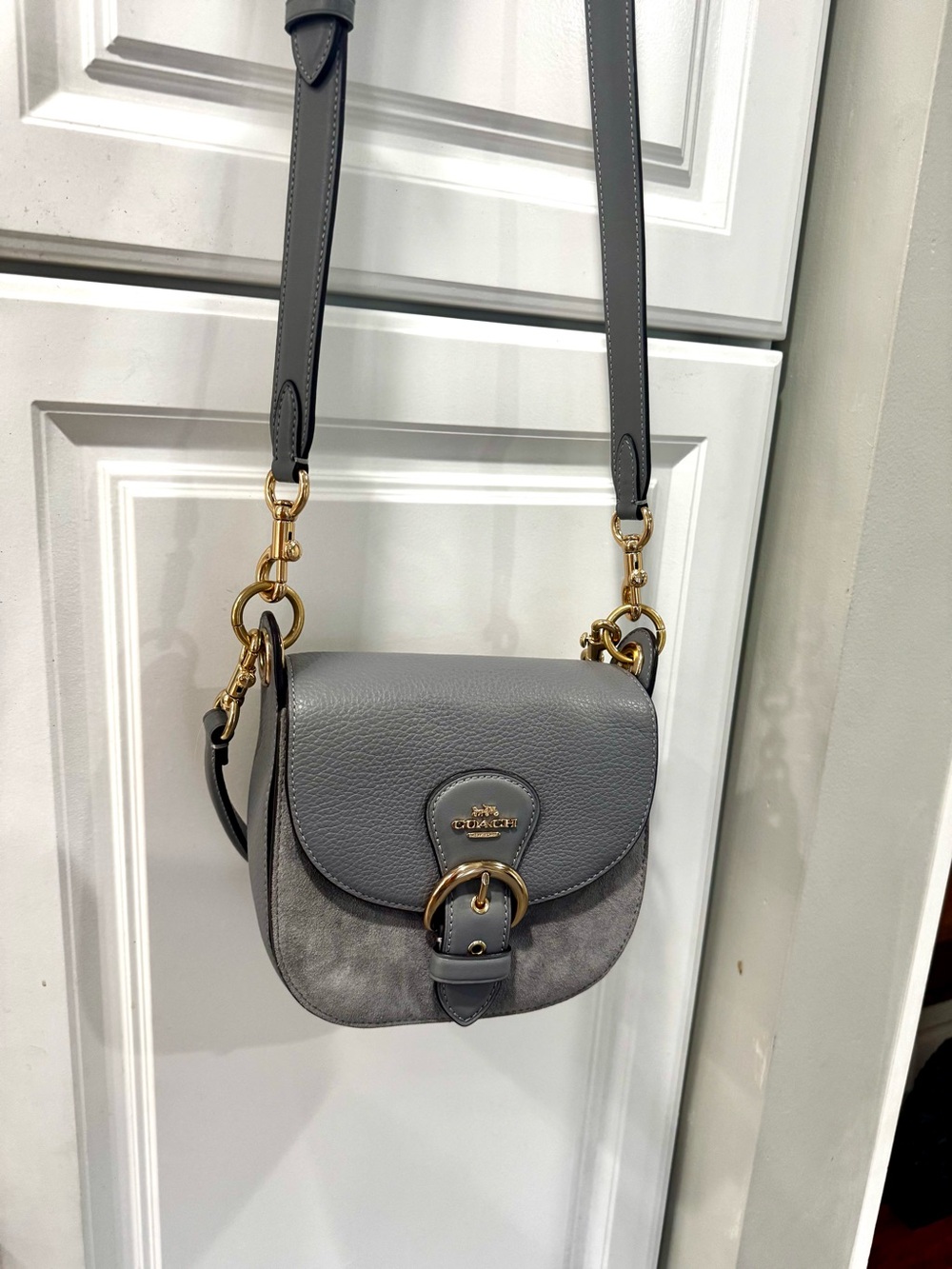 🩶COACH Gray Mini Saddle Bag Pebbled Leather Suede Top Handle Crossbody - Picture 14 of 14